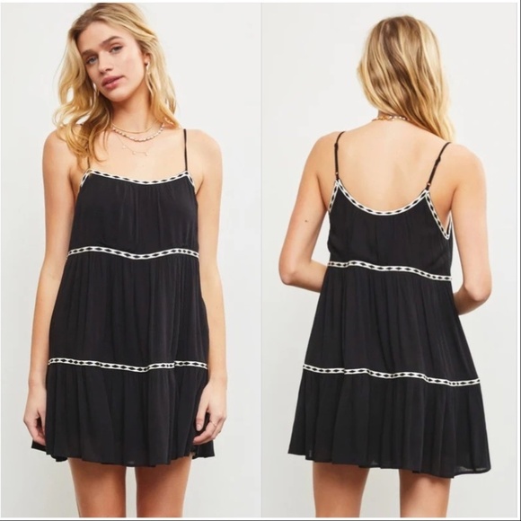 Mustard Seed Pants - Mustard Seed Black and White Tape Trim Shirred Tiered Romper Dress